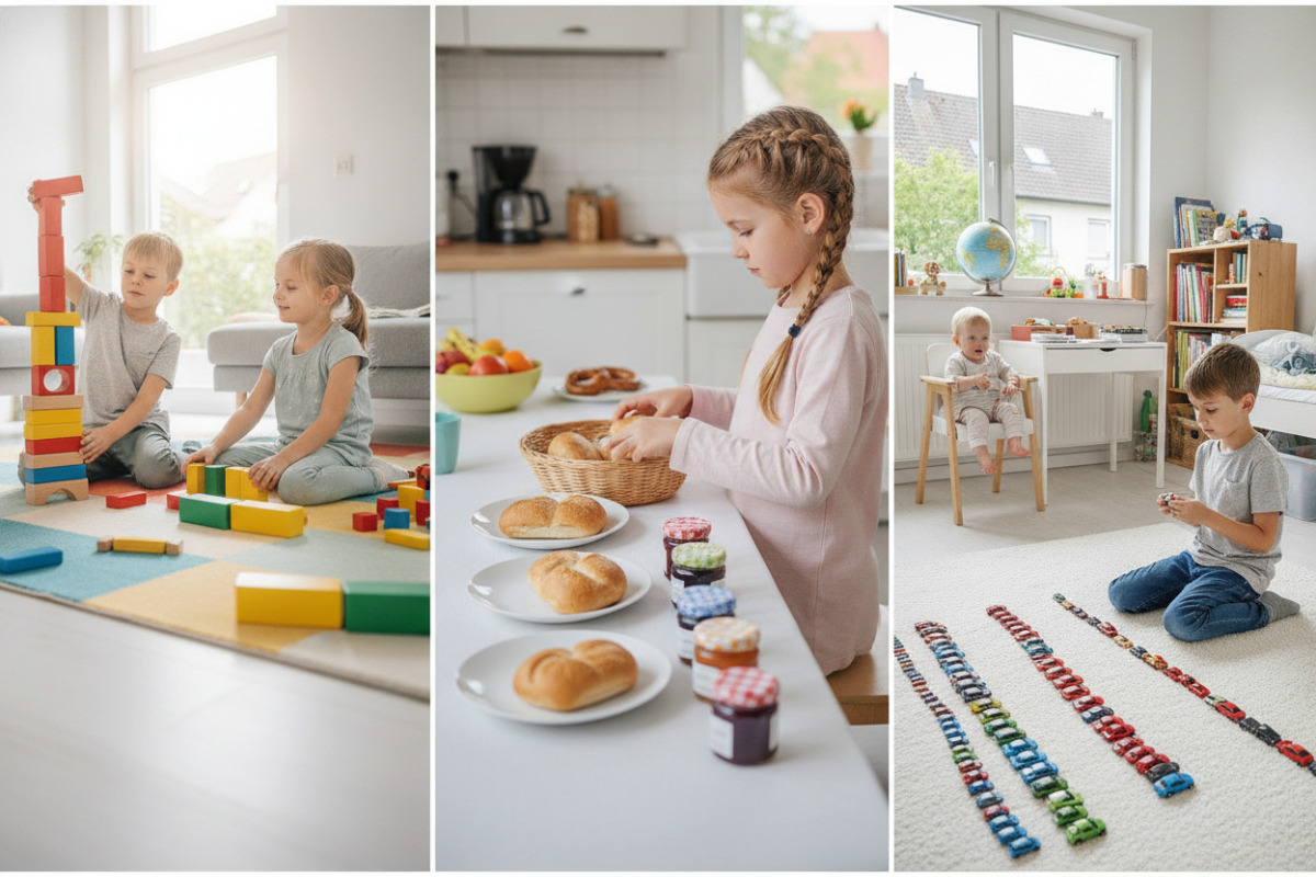 Alltagsszenen zeigen, wie Kinder Mengen, Muster und Reihenfolgen beim Spielen, Essen und Sortieren entdecken.