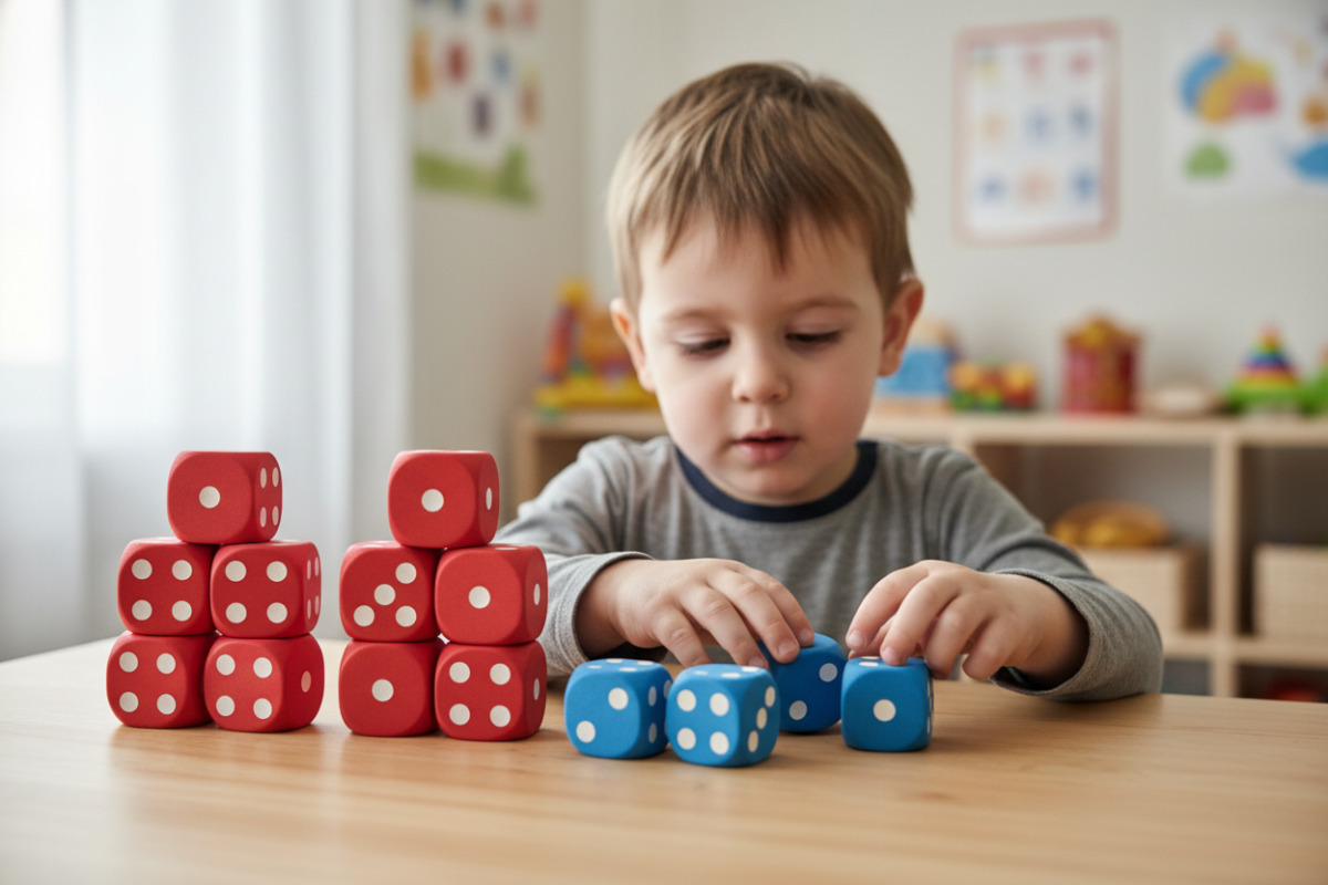 Kind legt Zehner und Einer mit Würfeln