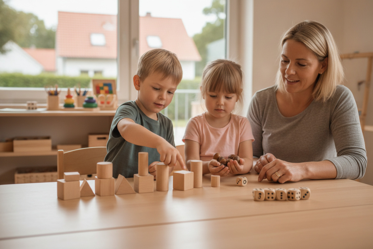 Abb. Würfel, Bauklötze und Naturmaterialien machen Mengen sichtbar und greifbar.