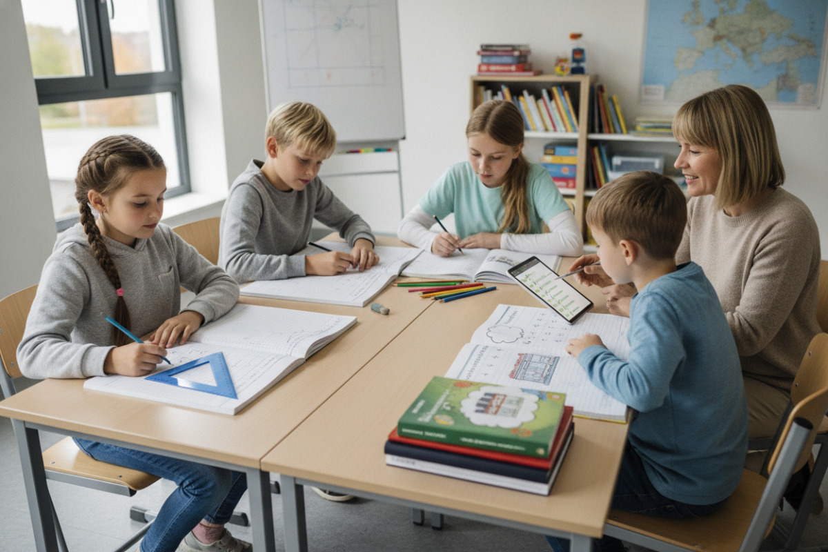 Die Bilder zeigen ruhige Übungssituationen Rechnen, Sachaufgaben, Geometrie und gemeinsames Kontrollieren.