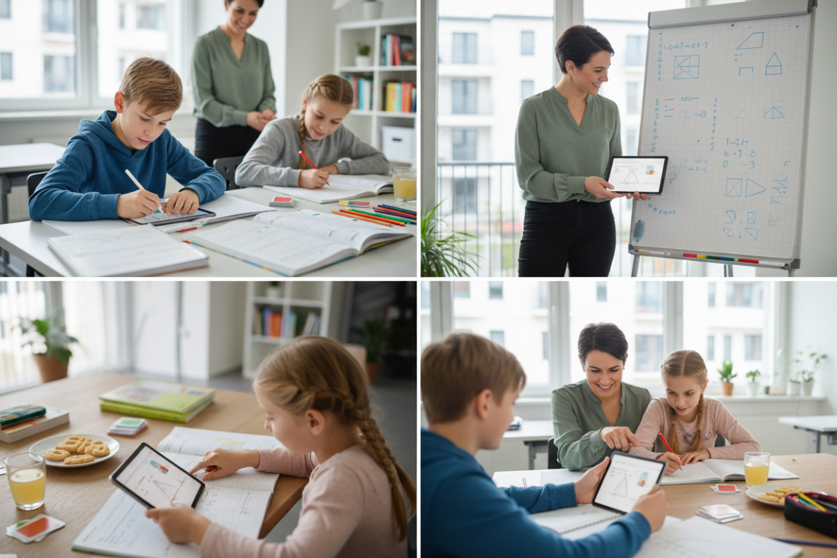 Die Bilder zeigen ruhige Übungssituationen Rechnen, Sachaufgaben, Geometrie und gemeinsames Kontrollieren.