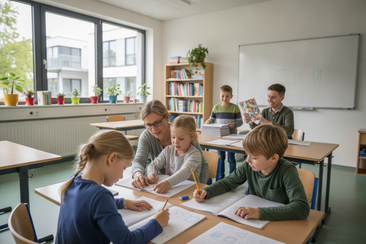 Die Bilder zeigen ruhige Übungssituationen Rechnen, Sachaufgaben, Geometrie und gemeinsames Kontrollieren.