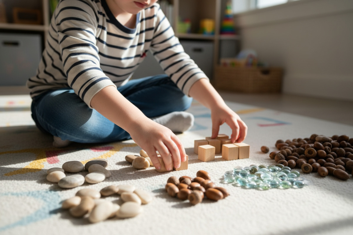 Kind sortiert Mengen in Fünfergruppen