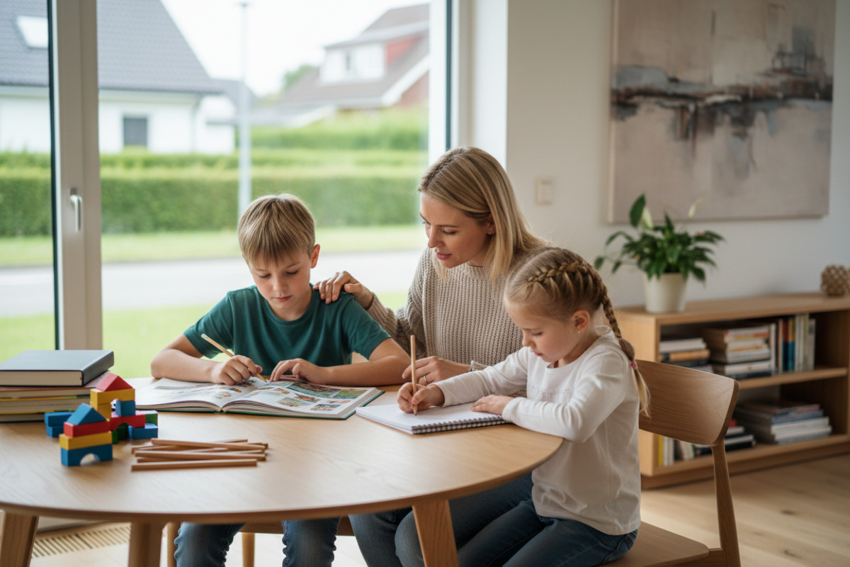 Alltägliche Lernsituationen zeigen, wie Lesen, Schreiben, Mengenverständnis und Hausaufgaben ruhig begleitet werden