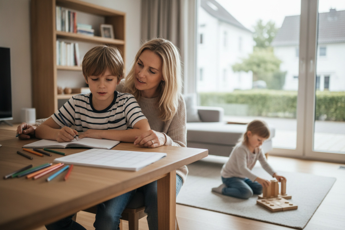 Alltägliche Lernsituationen zeigen, wie Lesen, Schreiben, Mengenverständnis und Hausaufgaben ruhig begleitet werden