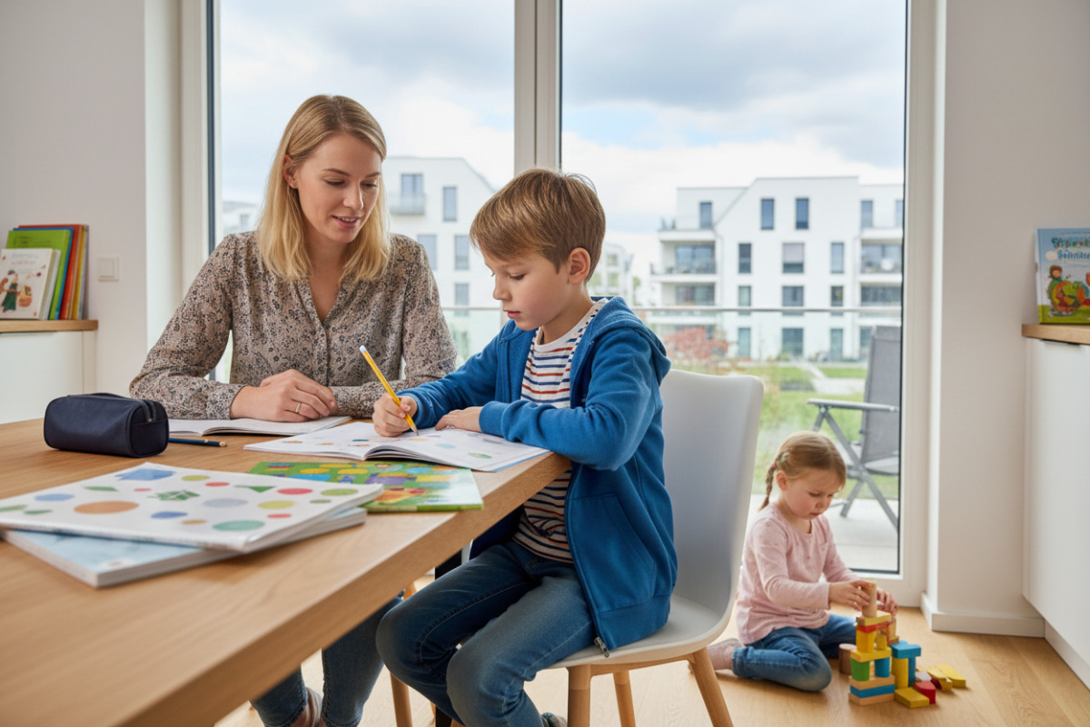 Alltägliche Lernsituationen zeigen, wie Lesen, Schreiben, Mengenverständnis und Hausaufgaben ruhig begleitet werden