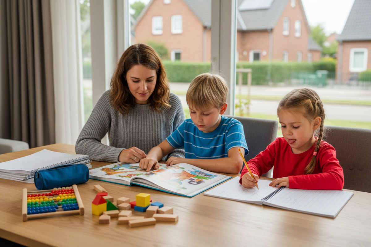 Alltägliche Lernsituationen zeigen, wie Lesen, Schreiben, Mengenverständnis und Hausaufgaben ruhig begleitet werden