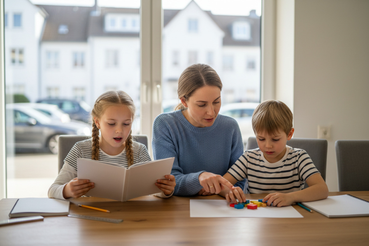 Alltägliche Lernsituationen zeigen, wie Lesen, Schreiben, Mengenverständnis und Hausaufgaben ruhig begleitet werden