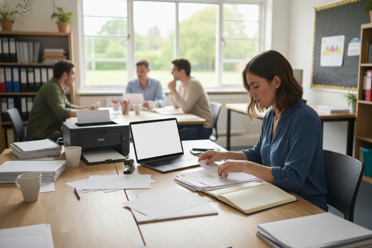 Lehrkraft bereitet Arbeitsblätter im Lehrerzimmer vor