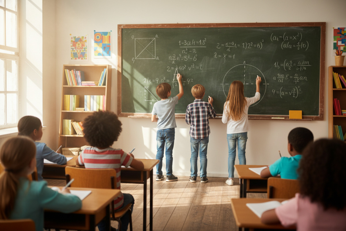 Kinder lernen Mathematik an der Tafel