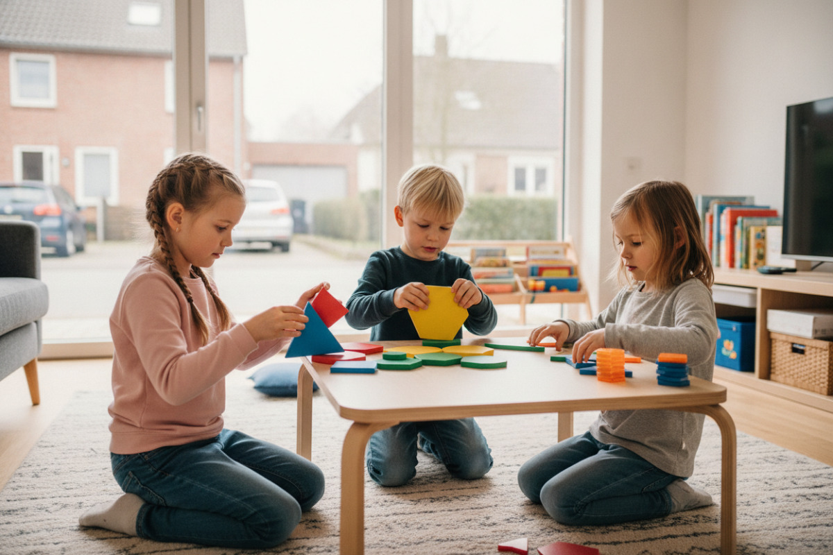 Alltagsszenen zeigen, wie Kinder geometrische Formen legen, drehen, vergleichen und nach ihren Merkmalen ordnen.