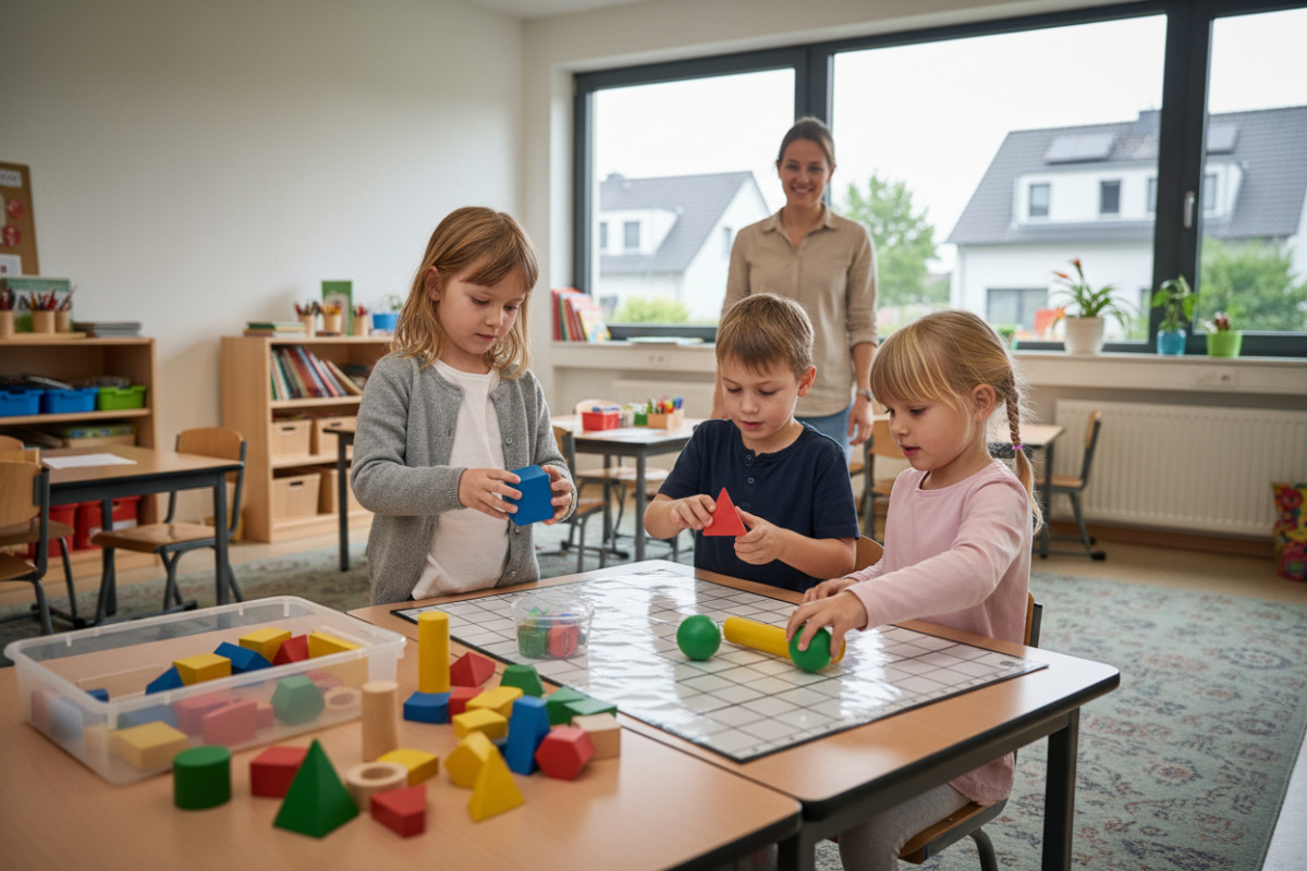Alltagsszenen zeigen, wie Kinder geometrische Formen legen, drehen, vergleichen und nach ihren Merkmalen ordnen.