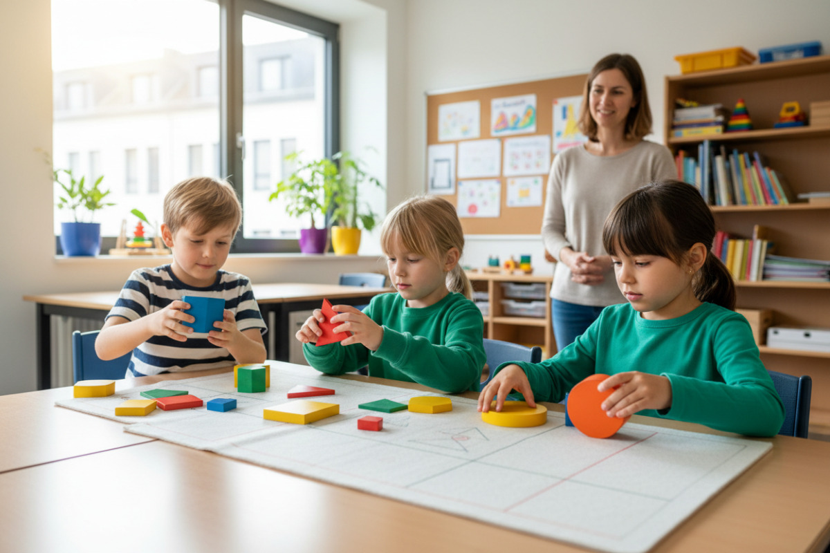 Alltagsszenen zeigen, wie Kinder geometrische Formen legen, drehen, vergleichen und nach ihren Merkmalen ordnen.