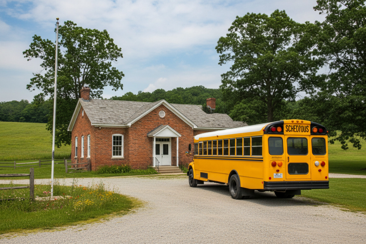 Schulbus vor einer ländlichen Schule