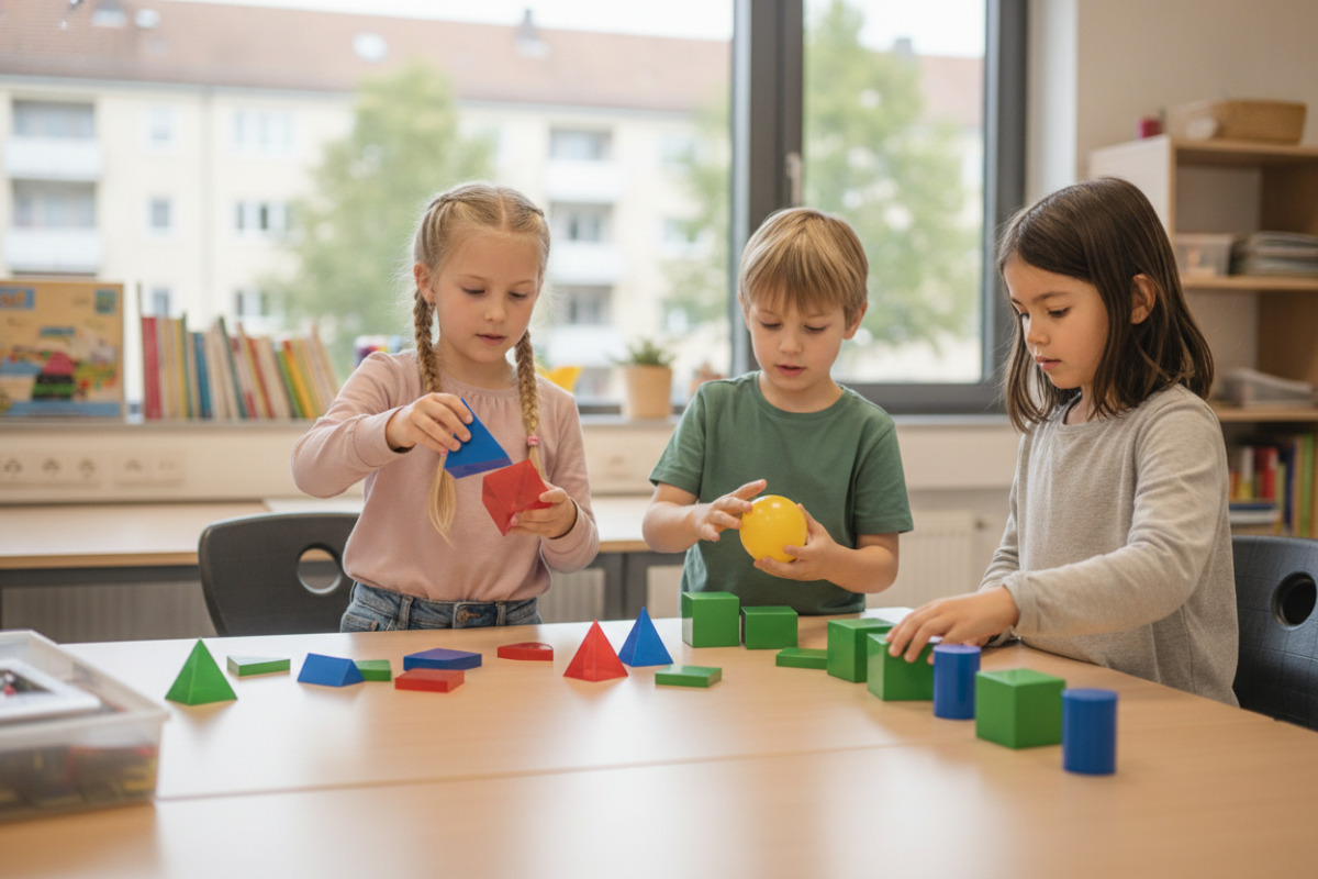 Alltagsszenen zeigen, wie Kinder geometrische Formen legen, drehen, vergleichen und nach ihren Merkmalen ordnen.