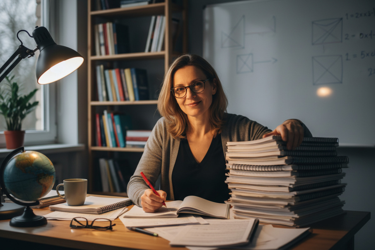 Lehrkraft mit Stapel Korrekturen am Schreibtisch