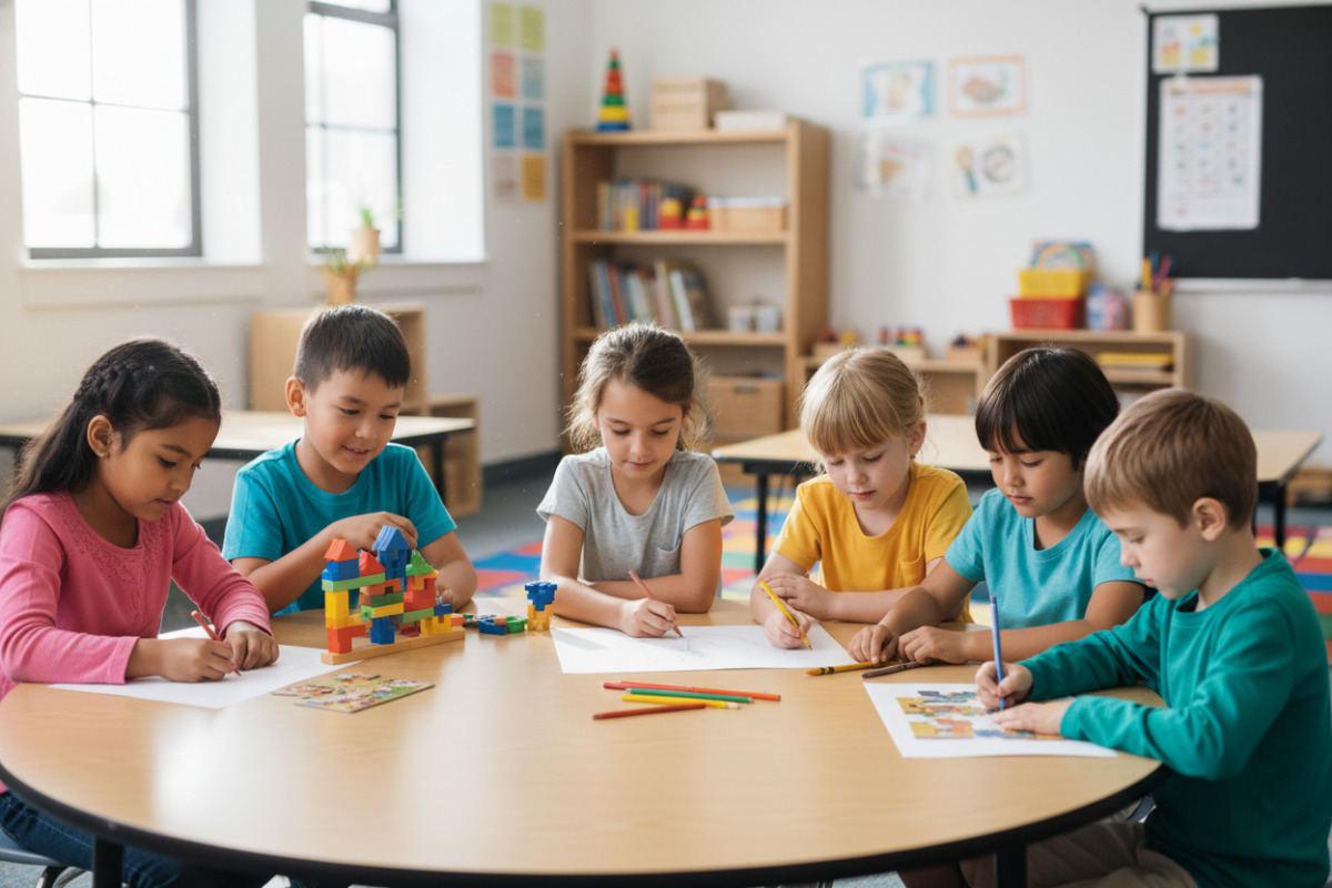 Grundschulkinder arbeiten gemeinsam an Aufgaben