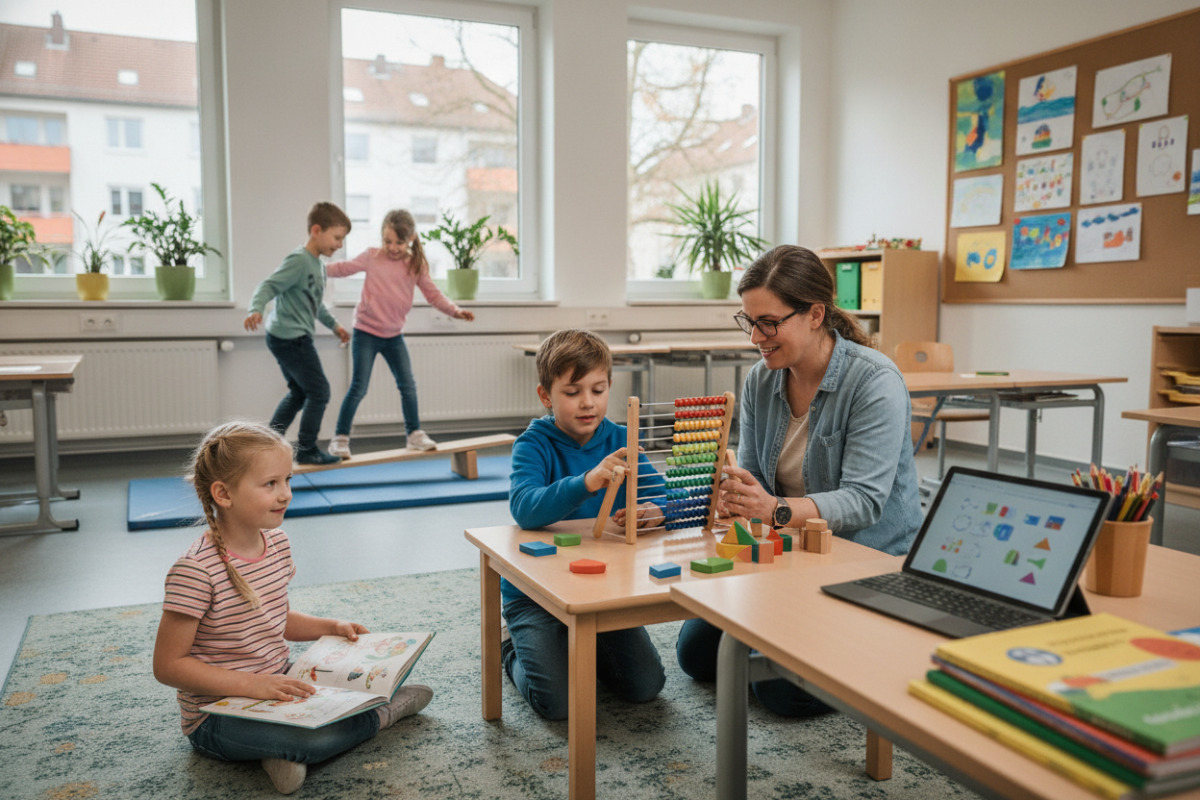 Ruhige Lesemomente, anschauliches Rechnen, Bewegung und ein verlässlicher Arbeitsplatz unterstützen Kinder beim Lernen.