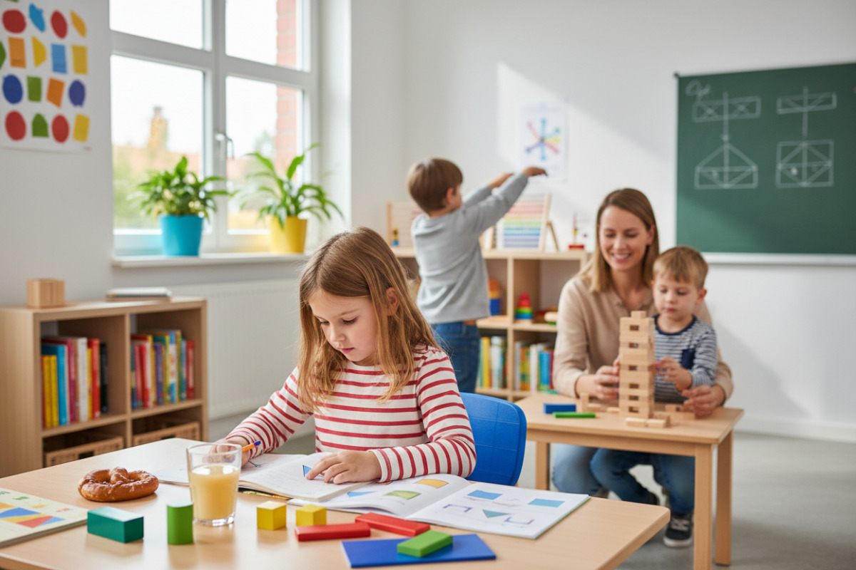 Ruhige Lesemomente, anschauliches Rechnen, Bewegung und ein verlässlicher Arbeitsplatz unterstützen Kinder beim Lernen.