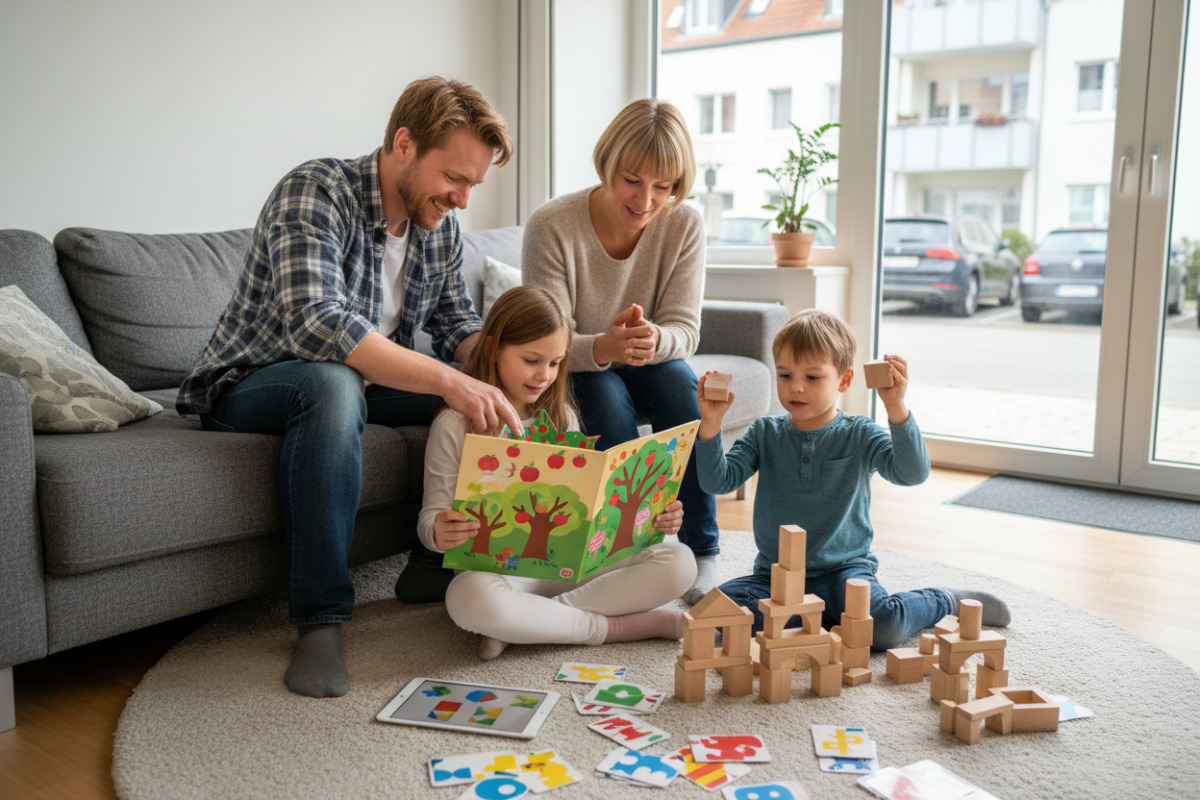 Alltagsszenen zeigen, wie Lesen, Mengenverständnis und feste Lernabläufe spielerisch begleitet werden können.