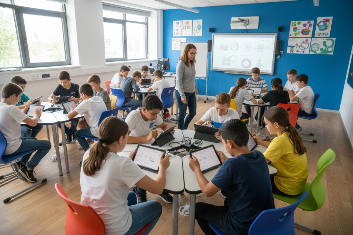 Schülerinnen und Schüler nutzen Tablets im Unterricht