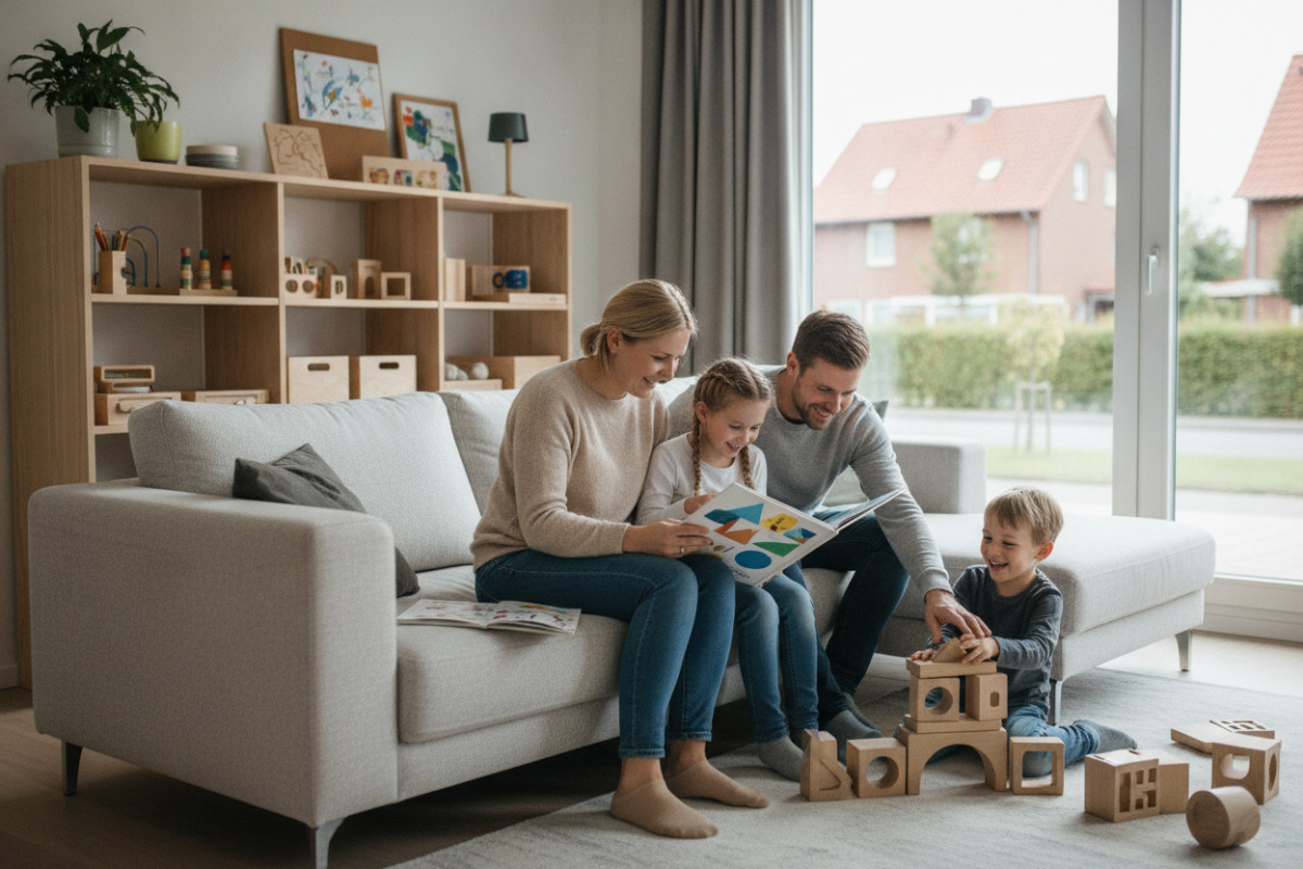 Alltagsszenen zeigen, wie Lesen, Mengenverständnis und feste Lernabläufe spielerisch begleitet werden können.