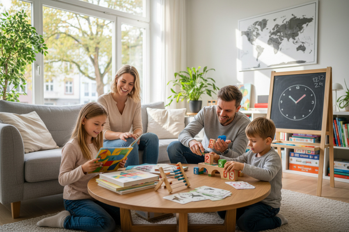 Alltagsszenen zeigen, wie Lesen, Mengenverständnis und feste Lernabläufe spielerisch begleitet werden können.