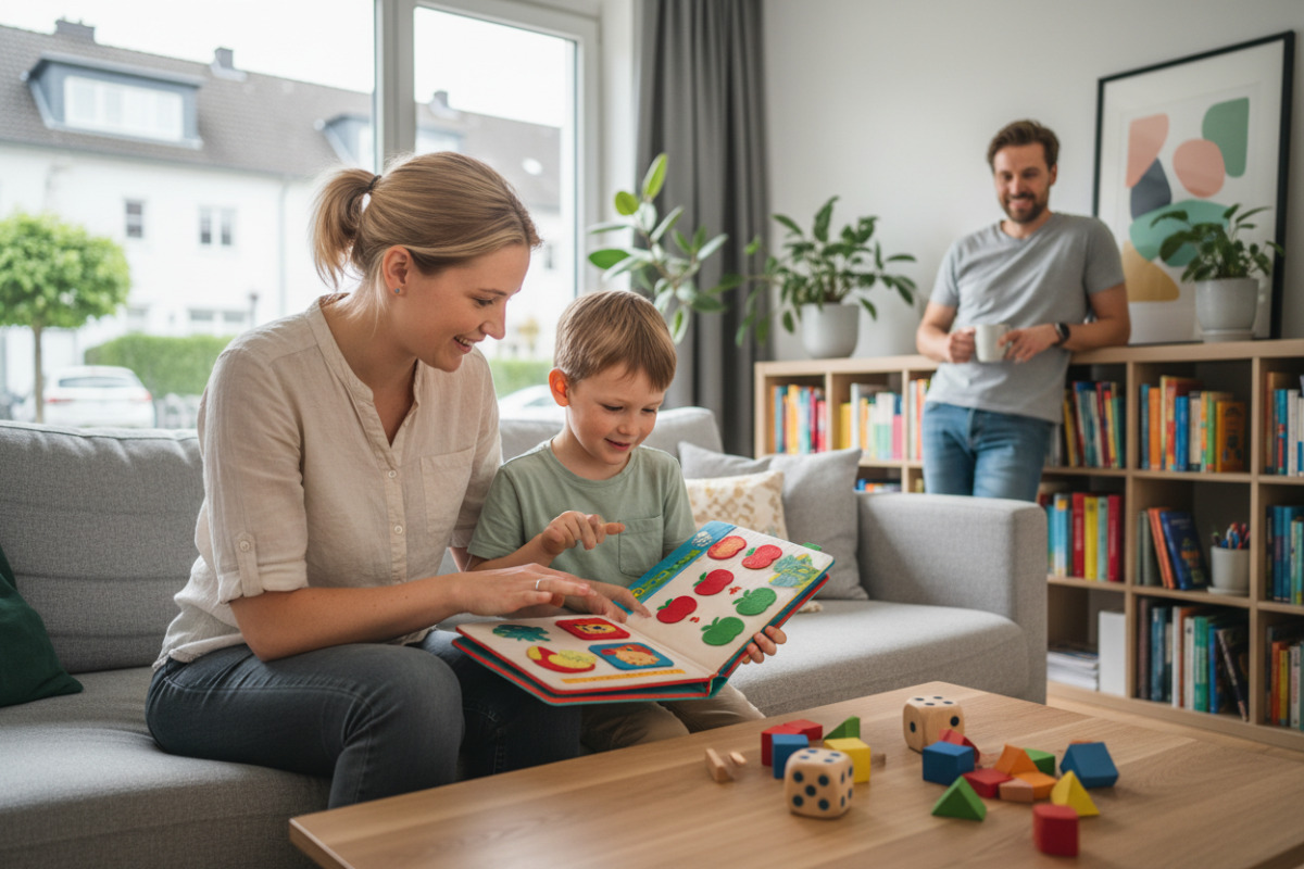 Alltagsszenen zeigen, wie Lesen, Mengenverständnis und feste Lernabläufe spielerisch begleitet werden können.