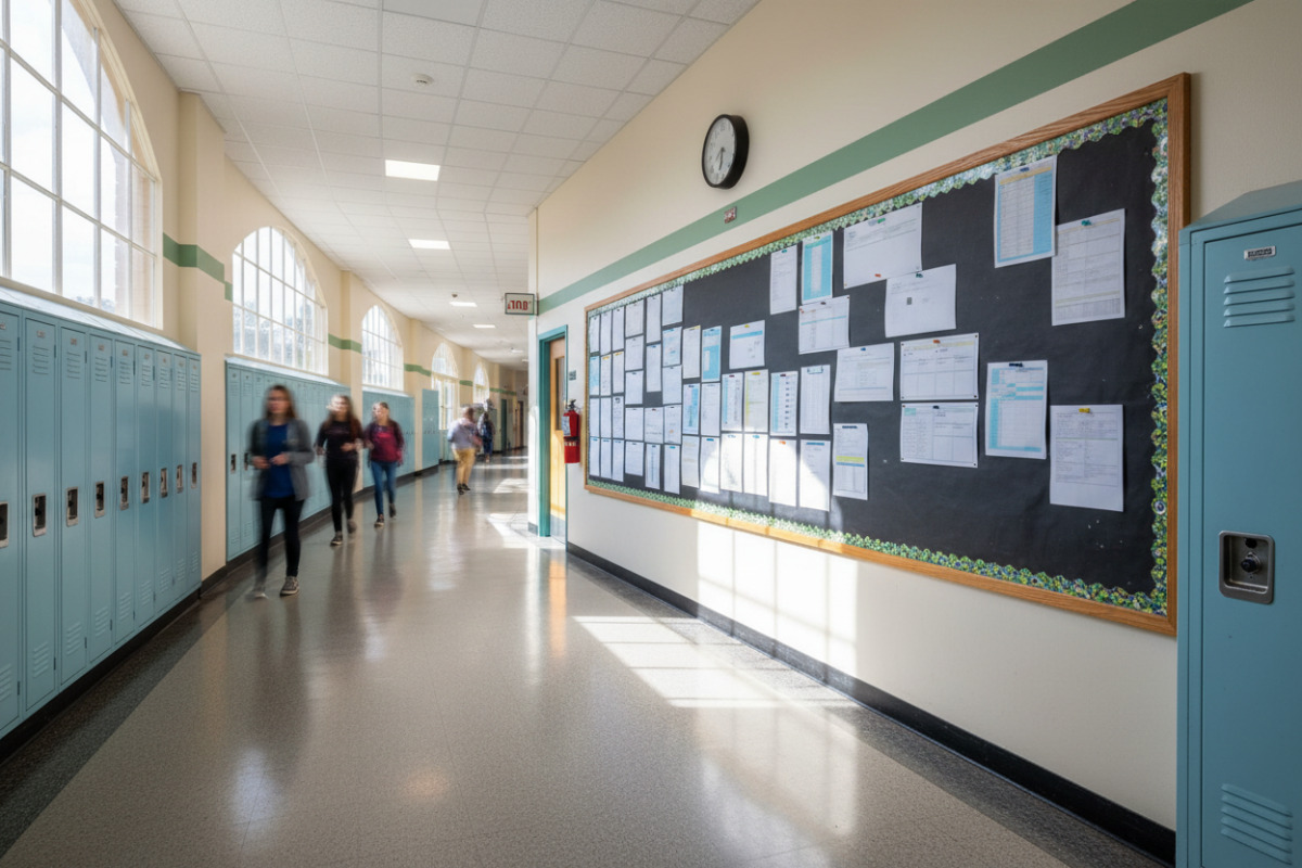 Schulflur mit Vertretungsplan am schwarzen Brett