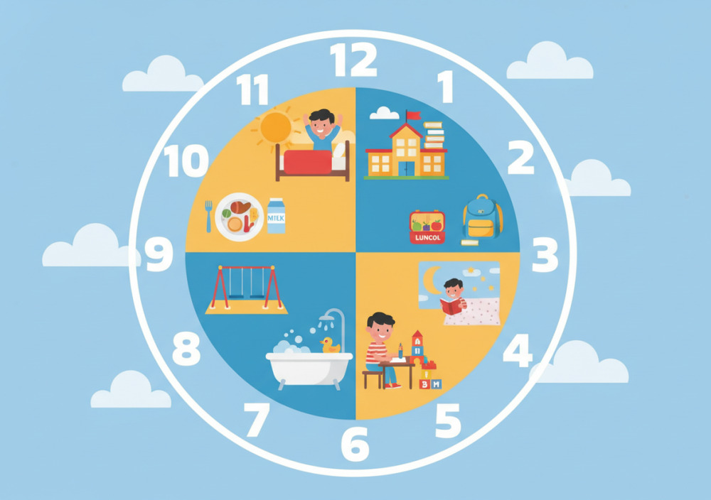 Tagesablauf eines Kindes mit Uhrzeiten dargestellt