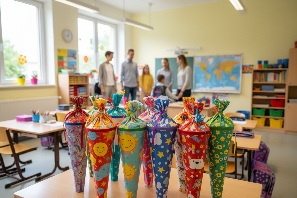 Abb. Farbenfrohe Schultüten stehen für freundlichen und ermutigenden Schulanfang.