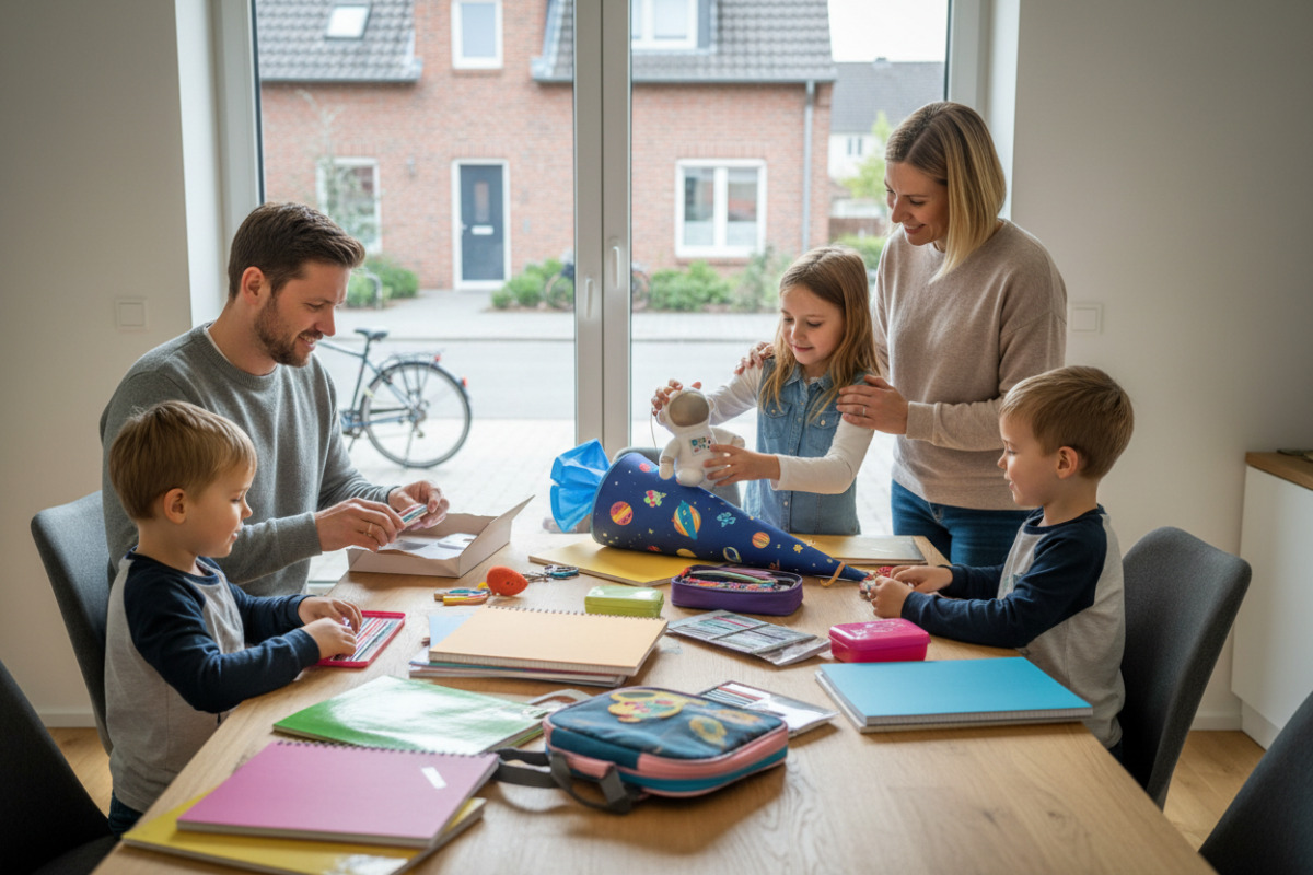 Die Bilder zeigen persönliche Füllideen, gemeinsames Auspacken und behutsame Rituale rund um den Schulanfang.