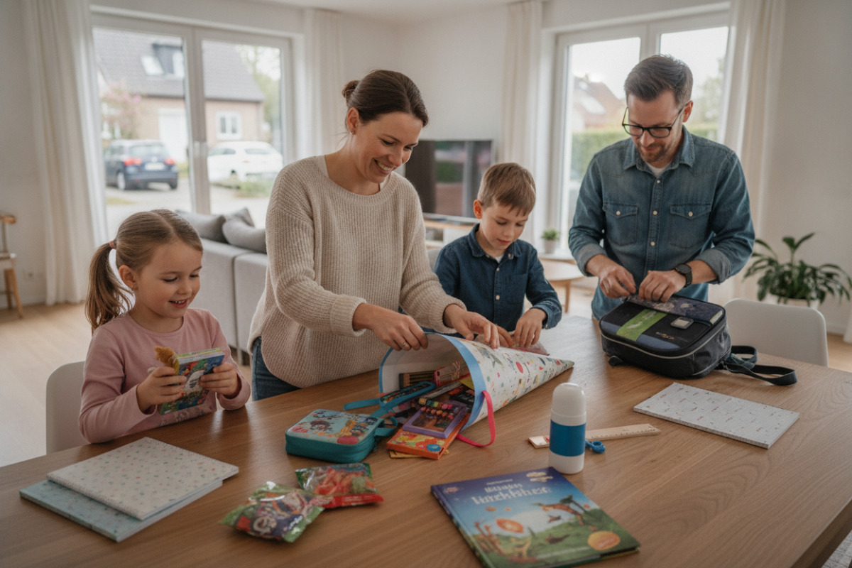 Die Bilder zeigen persönliche Füllideen, gemeinsames Auspacken und behutsame Rituale rund um den Schulanfang.