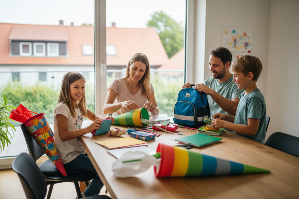Die Bilder zeigen persönliche Füllideen, gemeinsames Auspacken und behutsame Rituale rund um den Schulanfang.