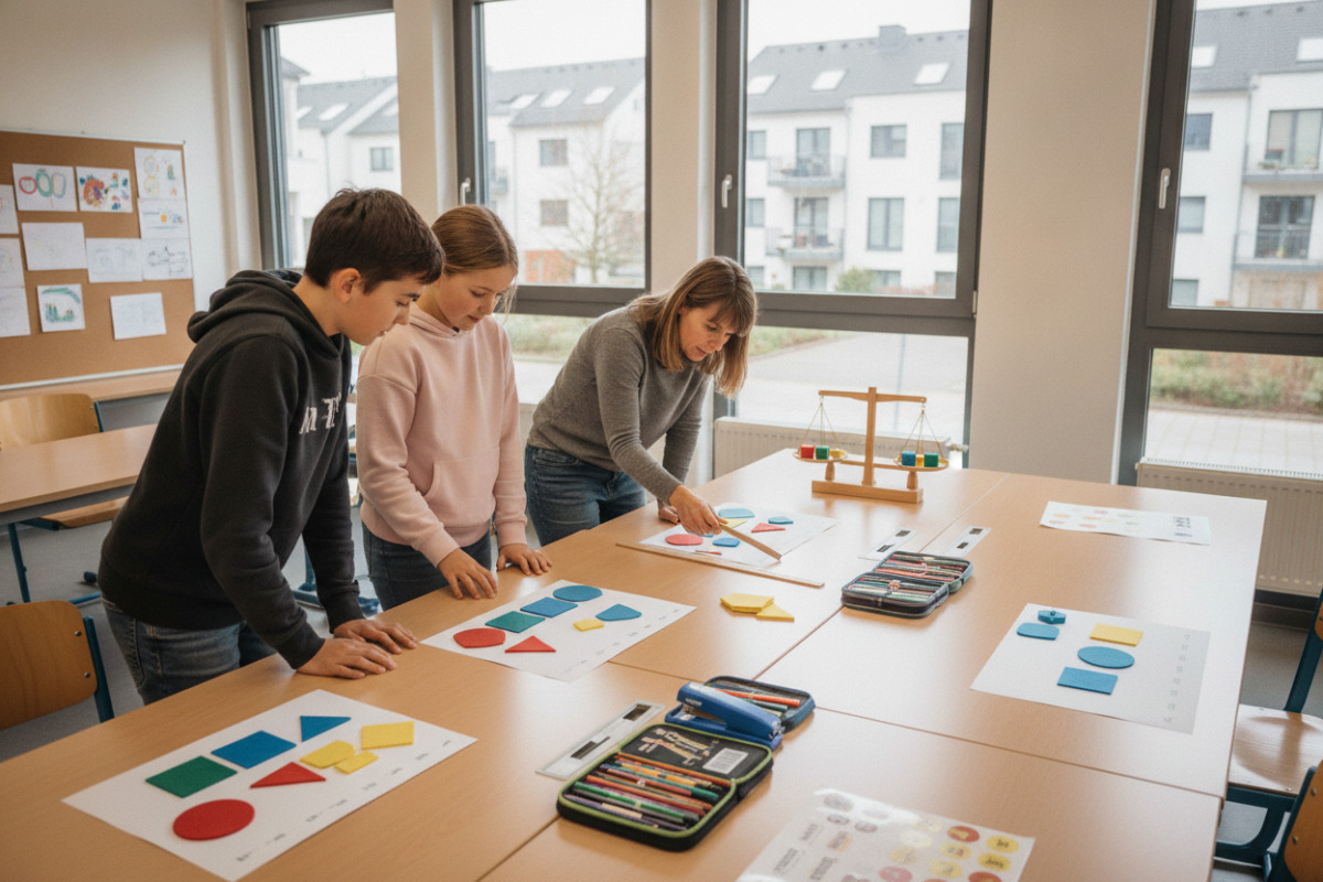 Alltagssituationen und farbige Materialien machen Brüche, Stellenwerte und gleich große Anteile sichtbar.