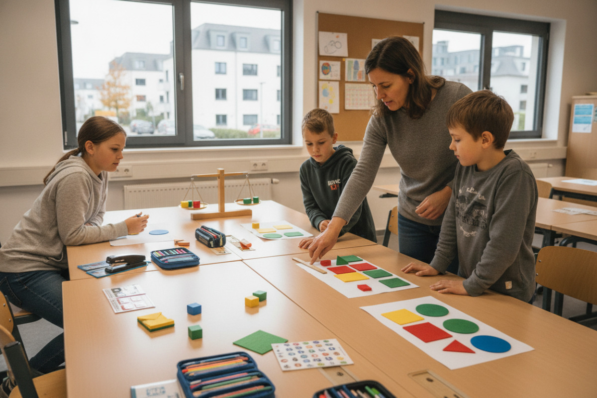 Alltagssituationen und farbige Materialien machen Brüche, Stellenwerte und gleich große Anteile sichtbar.