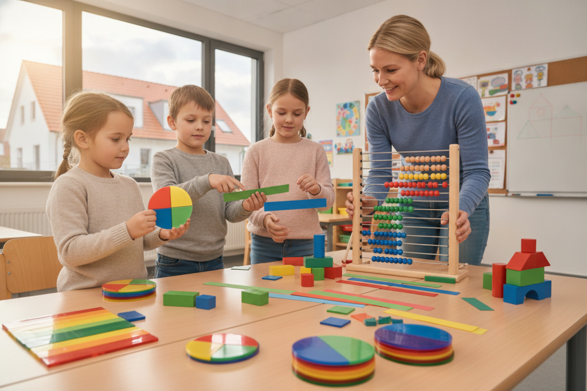 Alltagssituationen und farbige Materialien machen Brüche, Stellenwerte und gleich große Anteile sichtbar.