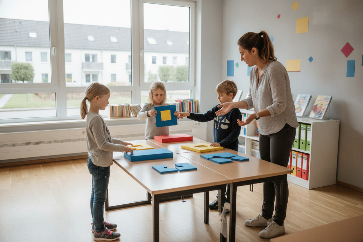 Alltagssituationen und farbige Materialien machen Brüche, Stellenwerte und gleich große Anteile sichtbar.