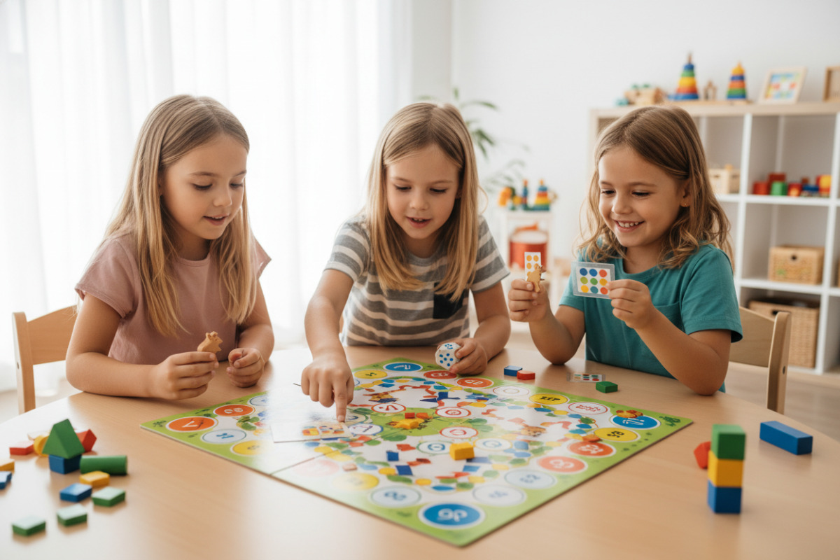 Kinder spielen ein Lernspiel am Tisch