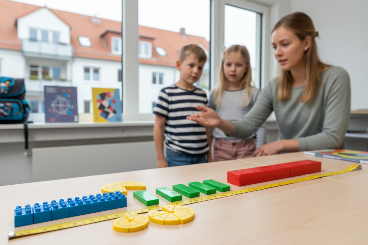 Abb. Maßband und Spielmaterial machen die Unterteilung eines Meters sichtbar.