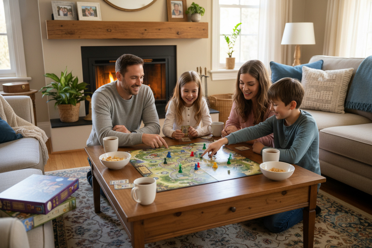 Familie spielt ein Brettspiel im Wohnzimmer