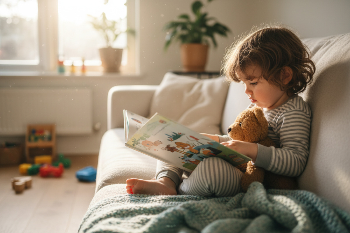 Kind liest ein Buch auf dem Sofa