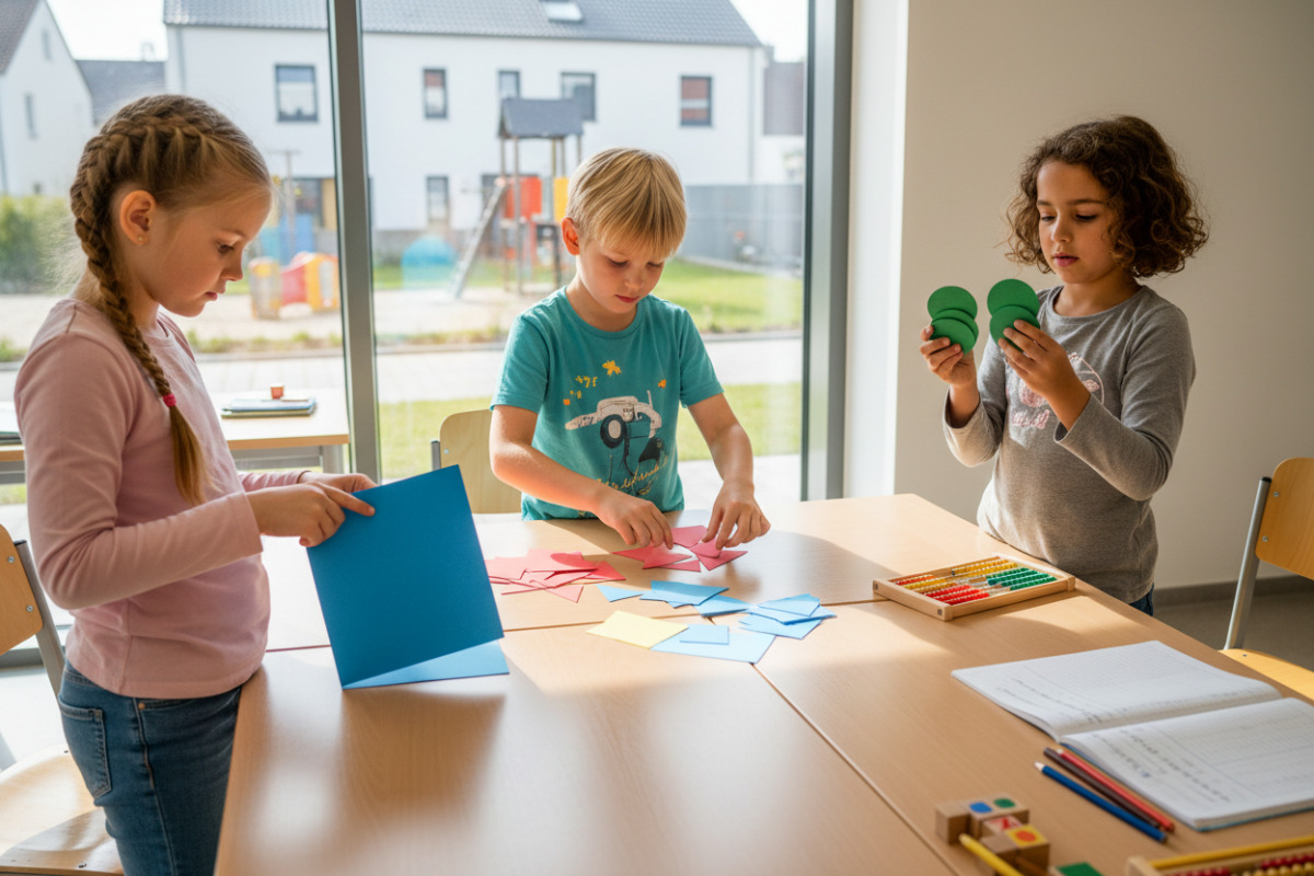Alltagsszenen zeigen, wie Kinder gleich große Anteile beim Teilen, Falten, Sortieren und Vergleichen entdecken.