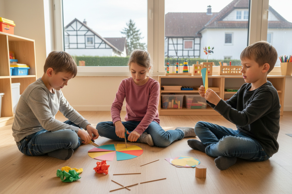Alltagsszenen zeigen, wie Kinder gleich große Anteile beim Teilen, Falten, Sortieren und Vergleichen entdecken.