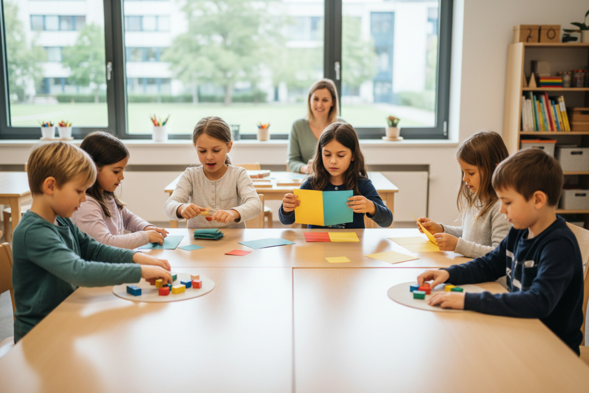 Alltagsszenen zeigen, wie Kinder gleich große Anteile beim Teilen, Falten, Sortieren und Vergleichen entdecken.
