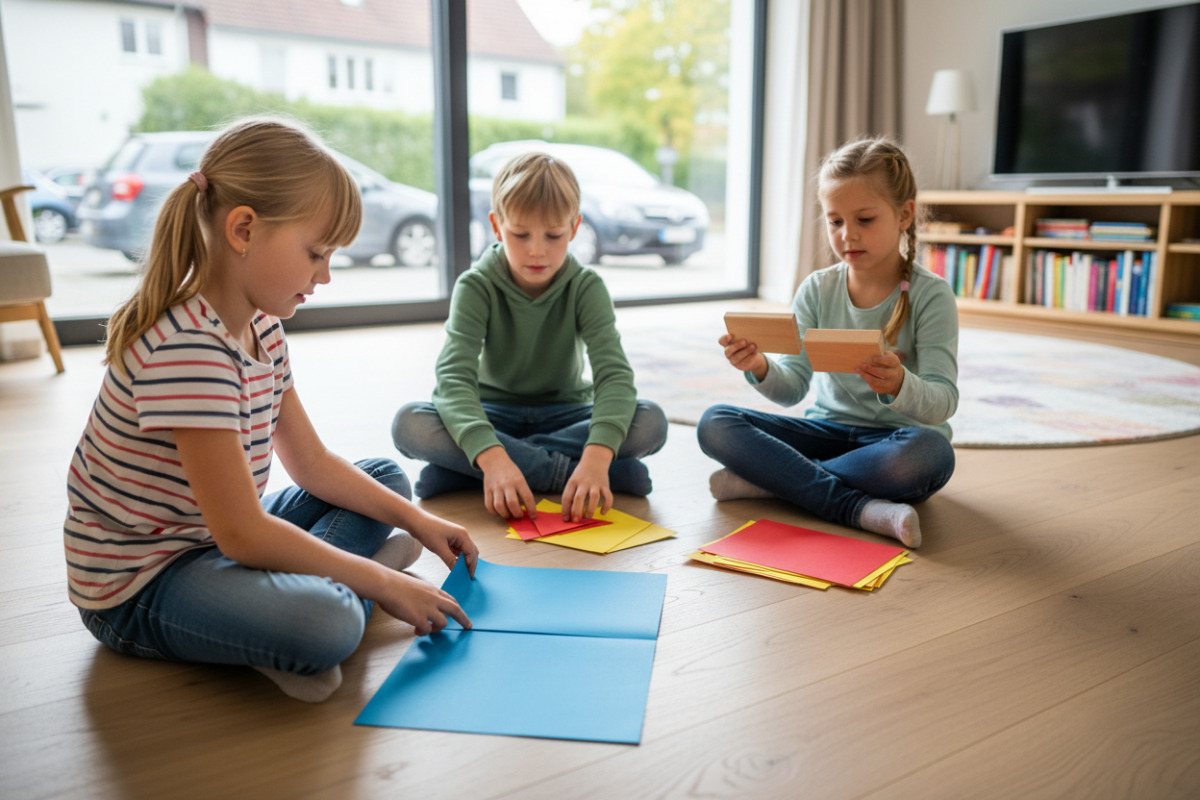 Alltagsszenen zeigen, wie Kinder gleich große Anteile beim Teilen, Falten, Sortieren und Vergleichen entdecken.