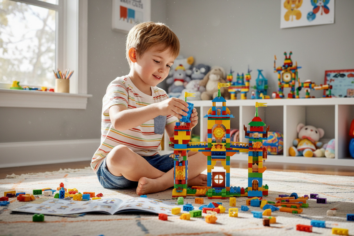 Kind baut ein Modell aus Bausteinen