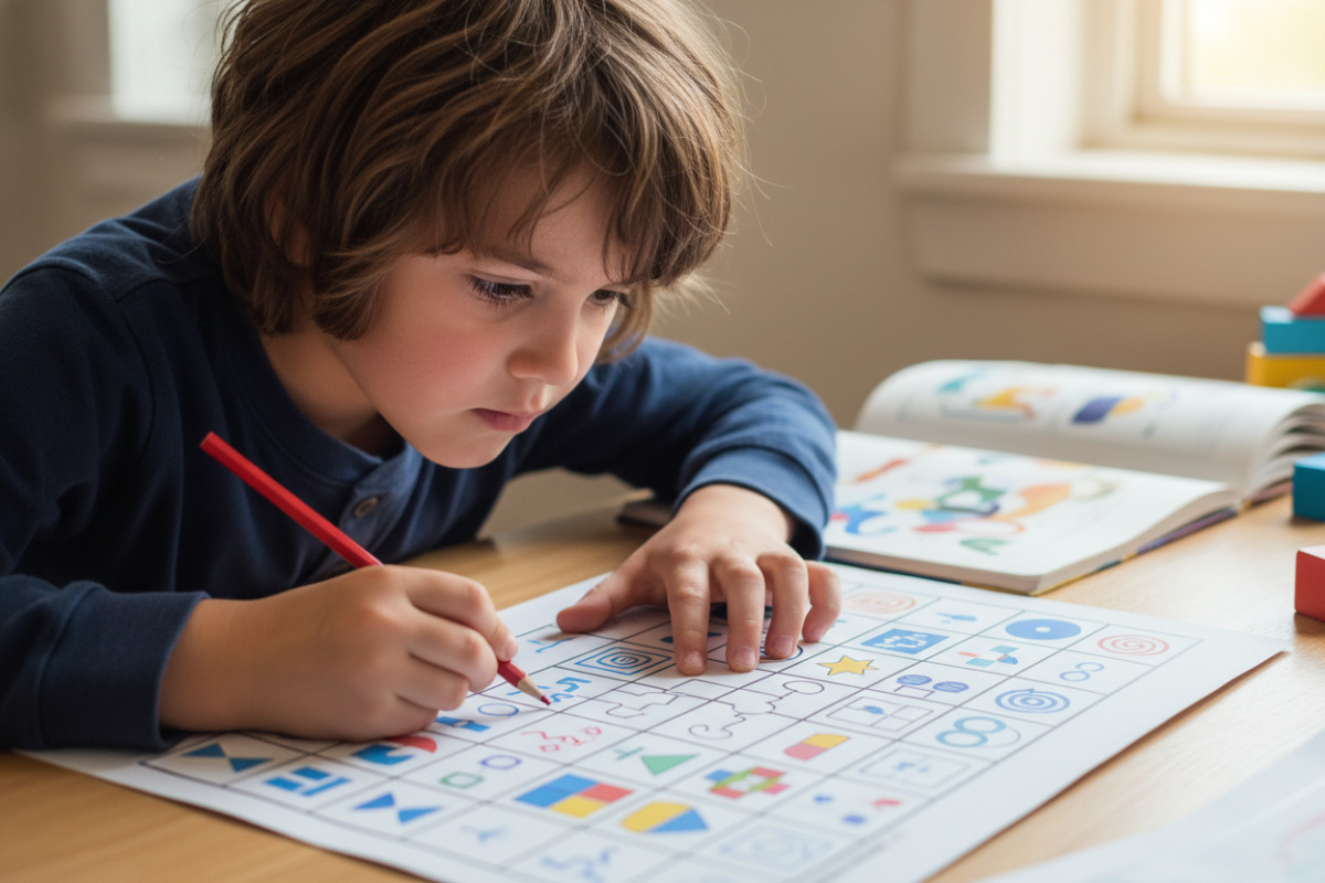 Kind löst ein Logikrätsel auf Papier