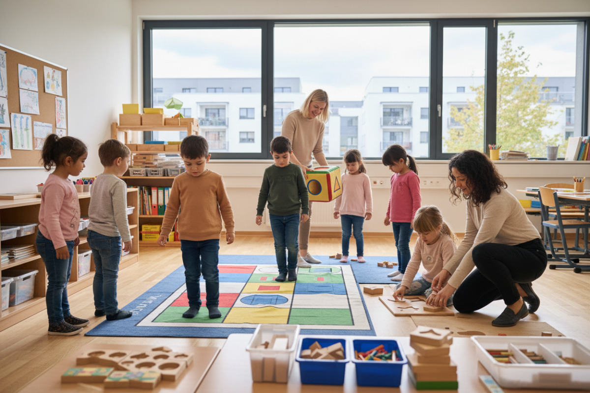 Die Spielsituationen verbinden geometrische Formen mit Bewegung, Sprache, Alltagserfahrungen und feinmotorischem