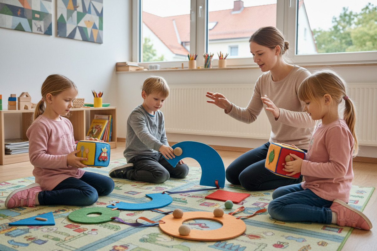 Die Spielsituationen verbinden geometrische Formen mit Bewegung, Sprache, Alltagserfahrungen und feinmotorischem